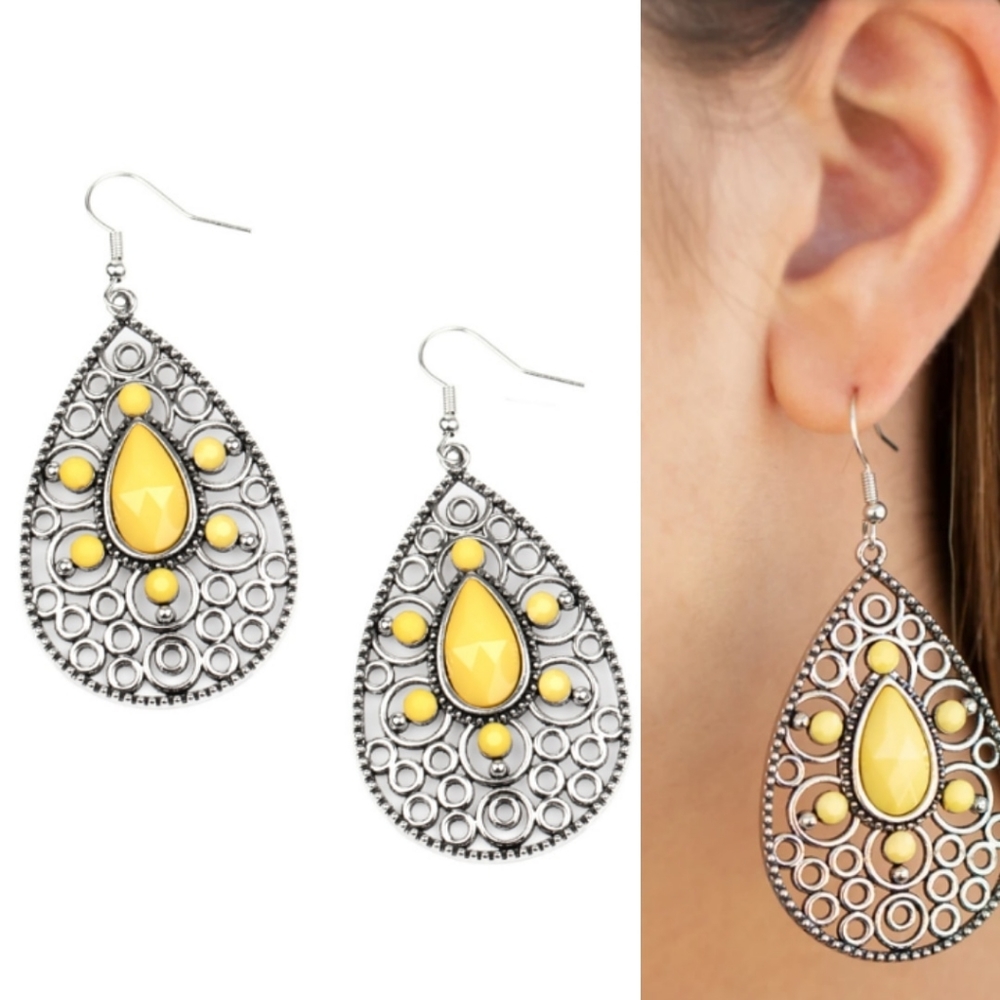Silver filigree and yellow earring